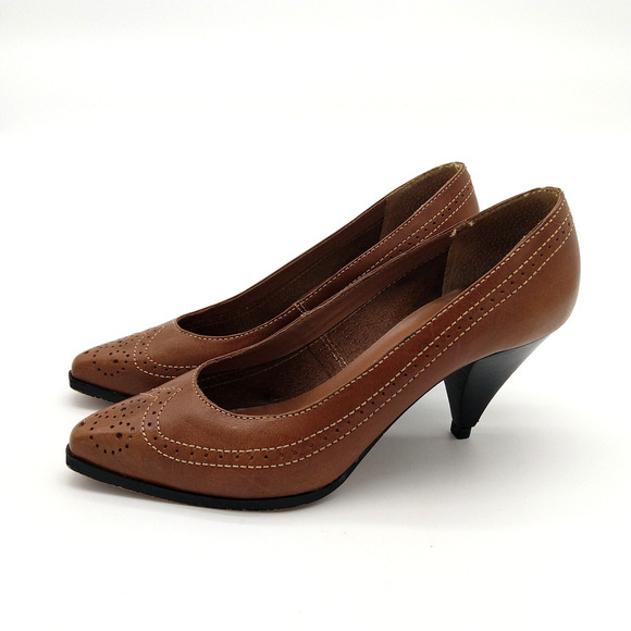 Vintage 80s does 40s Wingtip Heels Size 7.5 Brown Leather Retro Pin Up Corpcore - Picture 4 of 10